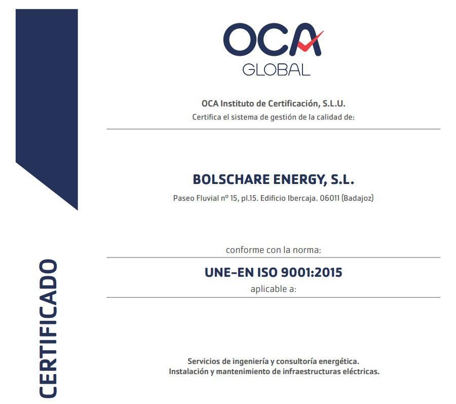 Bolschare Energy ha obtenido la certificación ISO 9001:2015